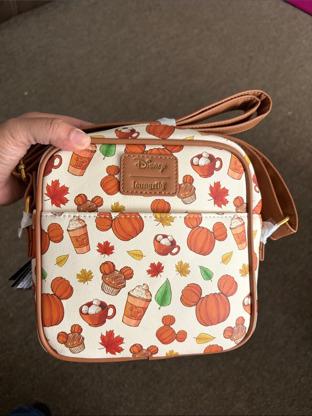 Loungefly Cream Pumpkin Spice Print Crossbody with Brown Trim